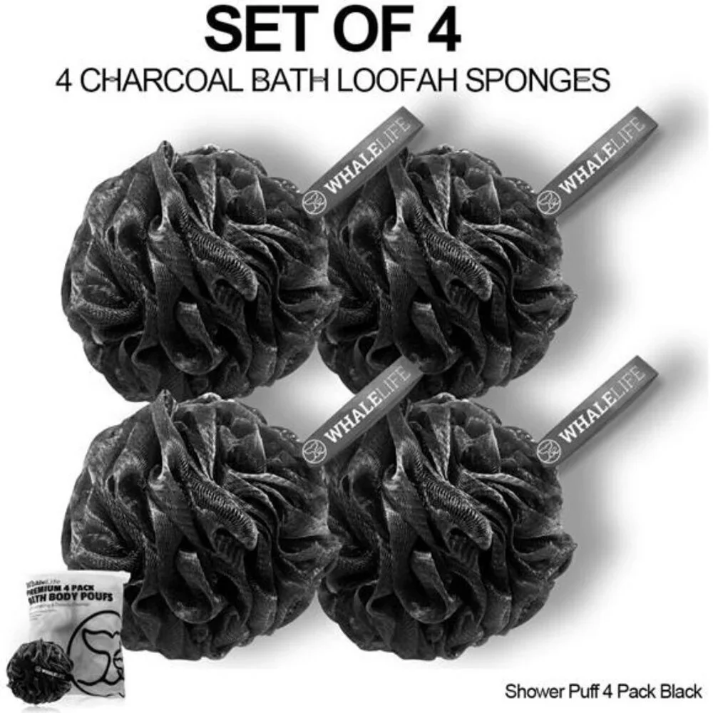 Shower Loofah Puff 4 Pack Black Bath Sponge Bamboo Charcoal Mesh Body Scrubber